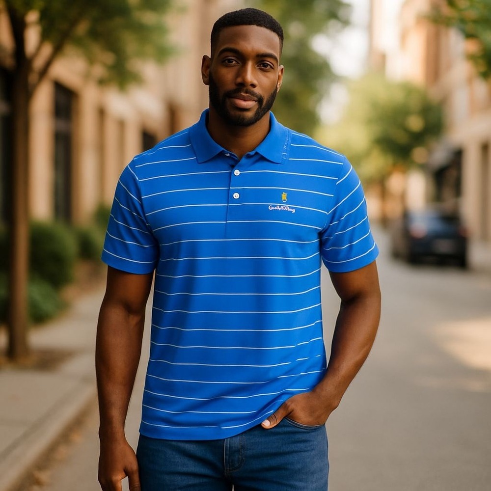 Nike Golf Dri-FIT Pumpkin Ridge Striped Blue Polo Shirt Mens Large